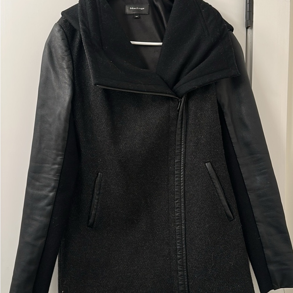 Mackage Black Leather & Wool Coat